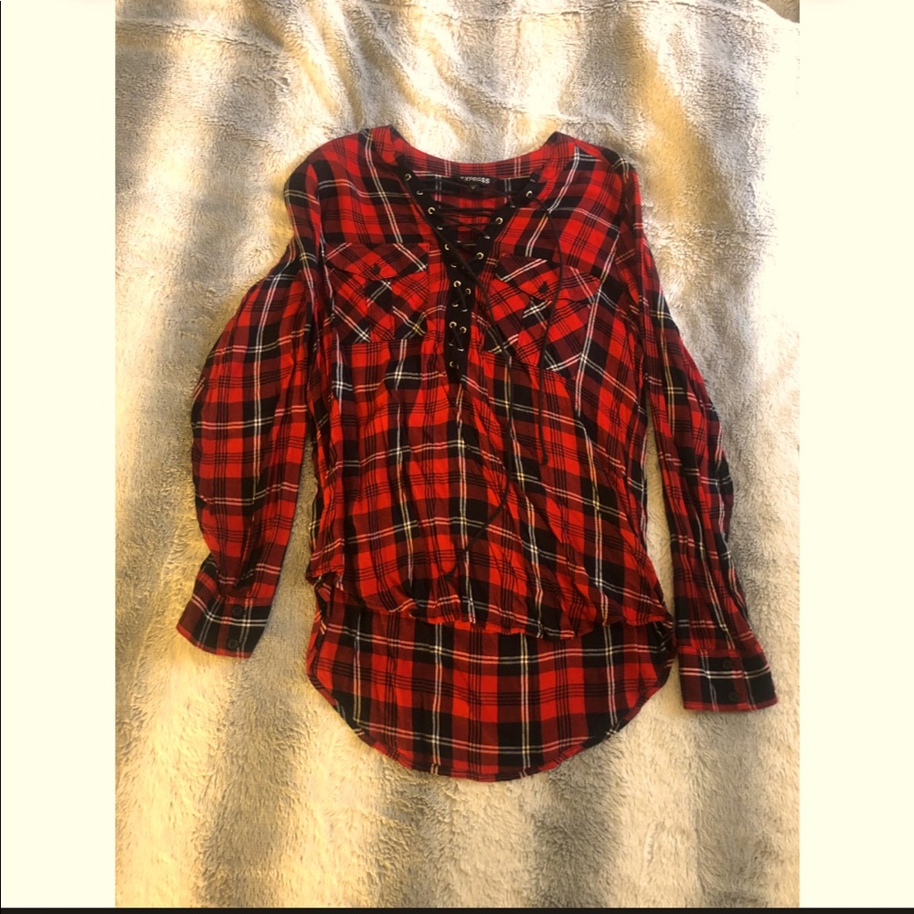 Express Plaid Lace-Up Long-Sleeve Shirt Sz M